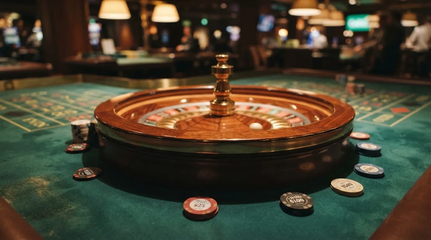 Roulettehjul og spillemærker på grønt filt i varmt aftenlys — anmeldelser af casinoer