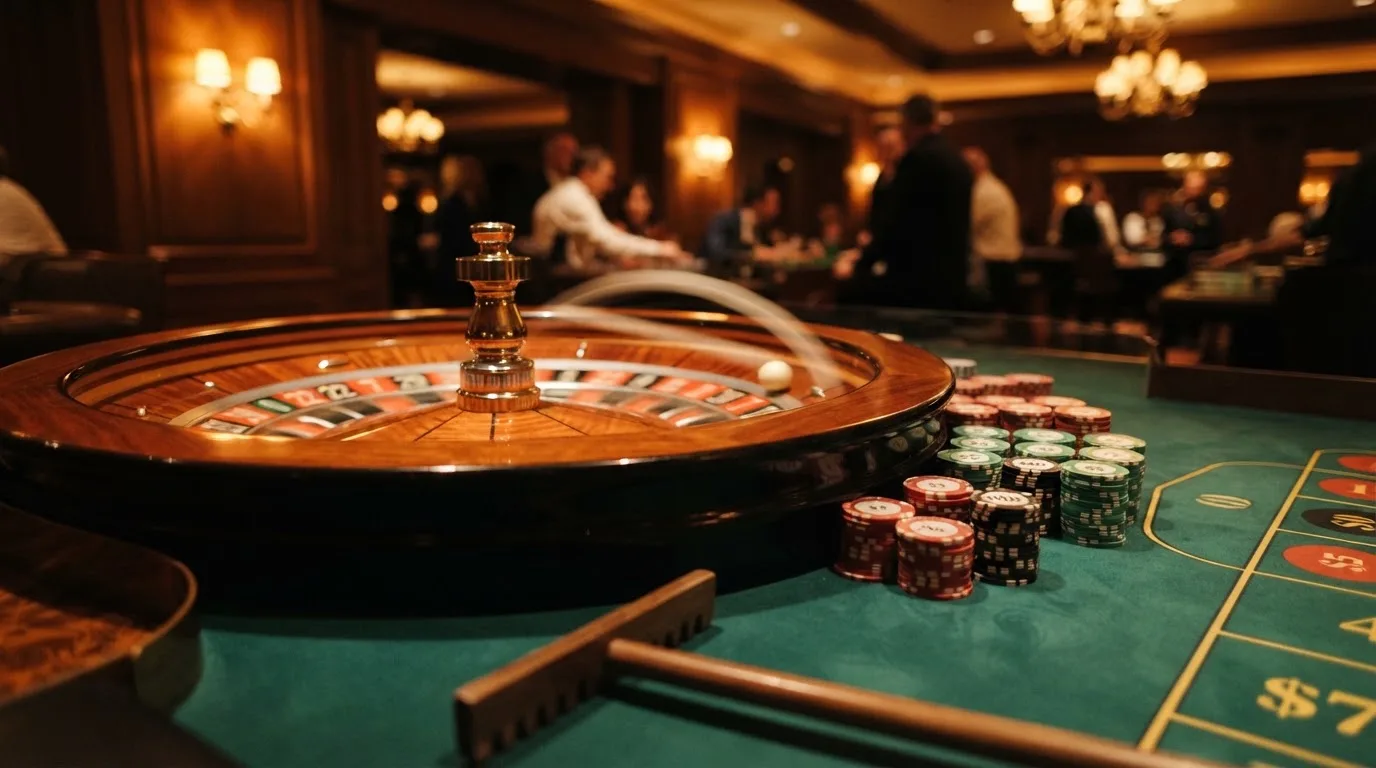 Roulettehjul og spillemærker på grønt filt i varmt aftenlys — bedste blackjack casinoer