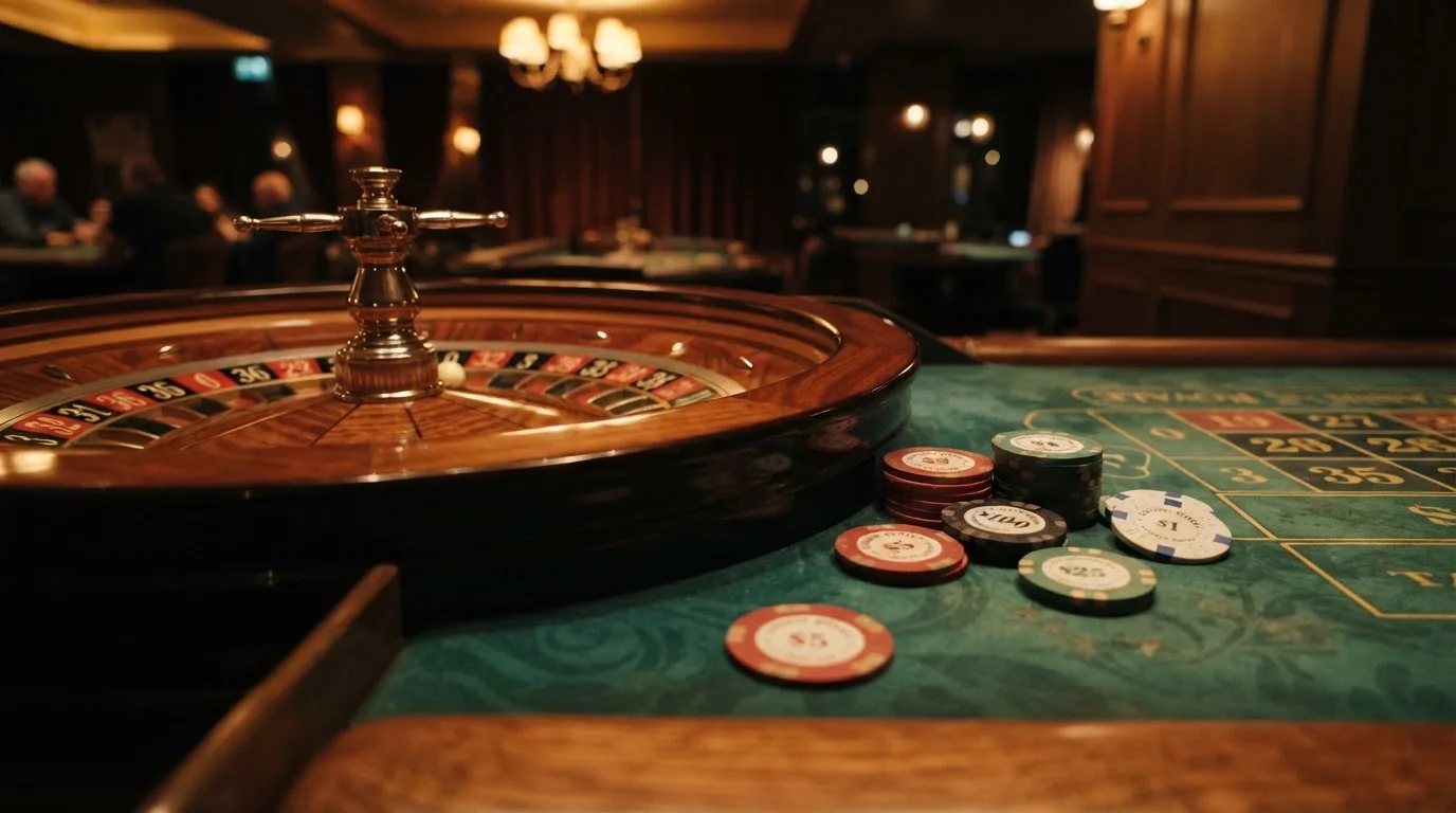 Roulettehjul og spillemærker på grønt filt i varmt aftenlys — bedste blackjack i danmark
