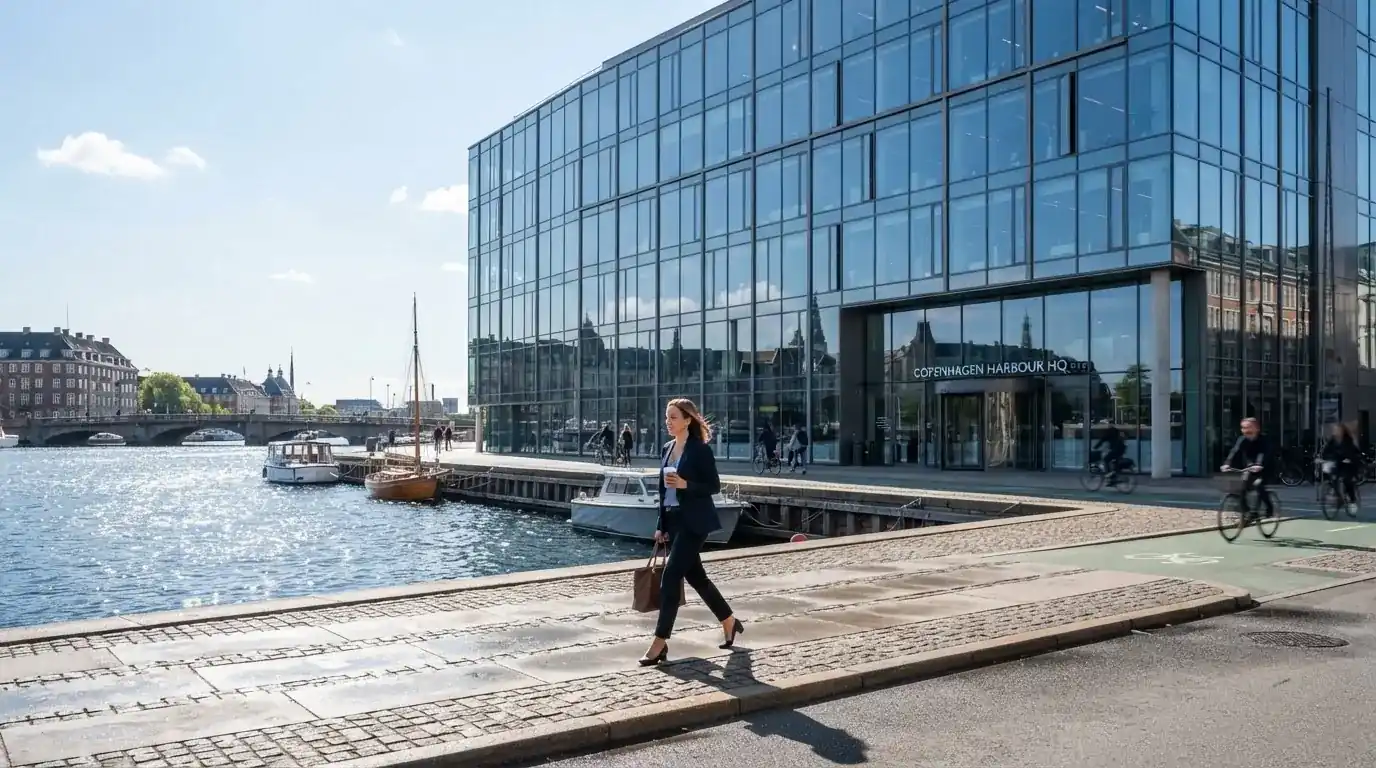 En moderne kontorbygning med glasfacade ved Københavns havn i klart dagslys, med en medarbejder i blazer, der går forbi.