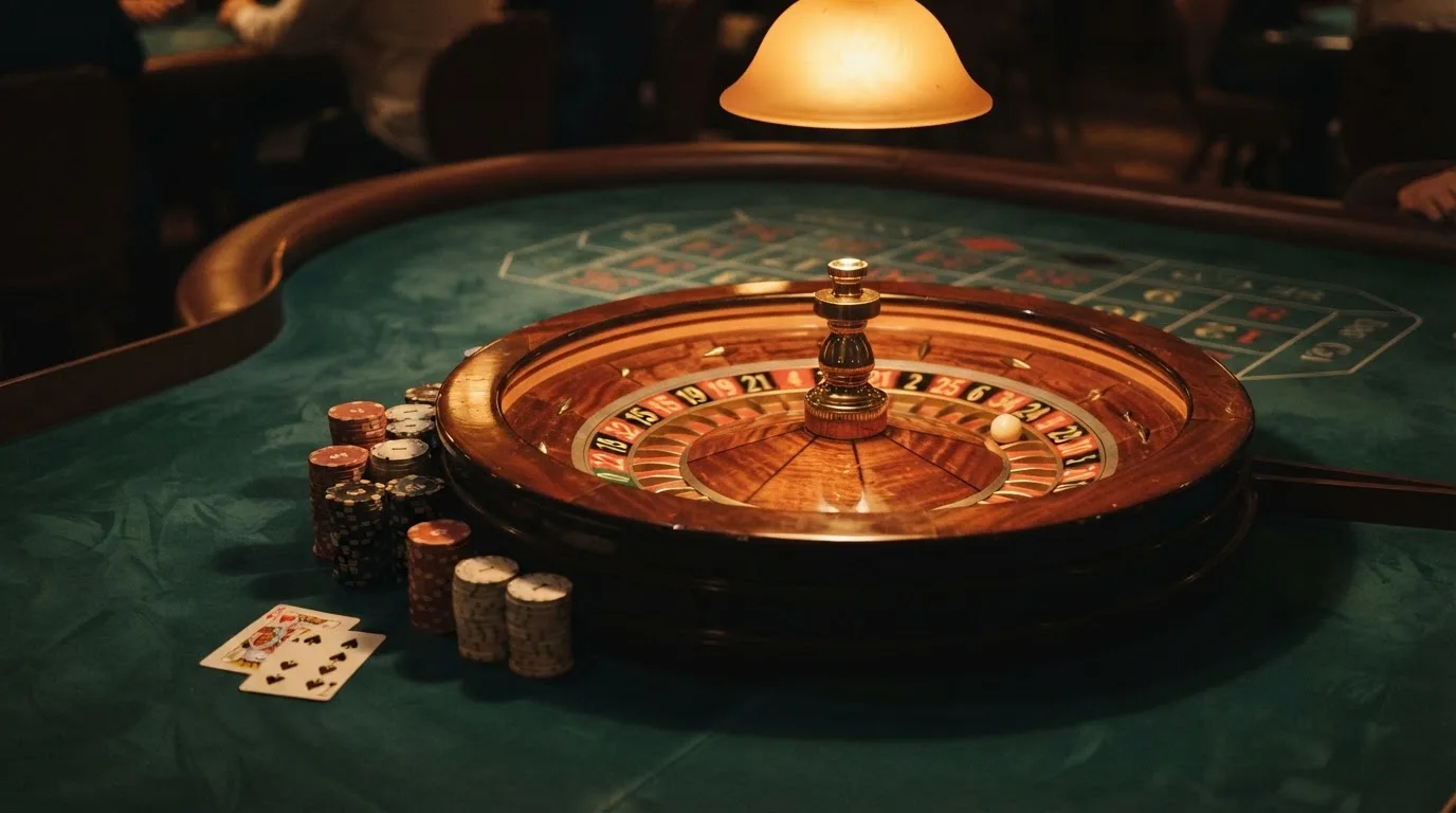 Roulettehjul og spillemærker på grønt filt i varmt aftenlys — bedste danske casino bonusser