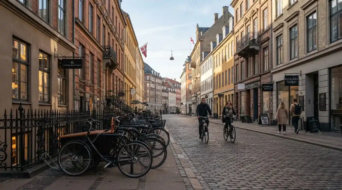 Københavnsk gade med klassiske bygninger og cyklister i klart vejr, set fra fortovet.