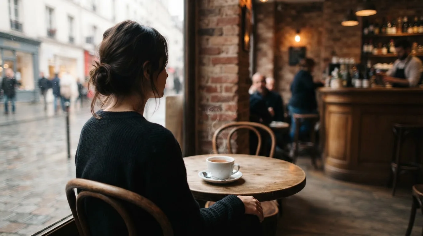 Kvinde sidder på en café med en kop te og kigger tænksomt ud ad vinduet i blødt dagslys.