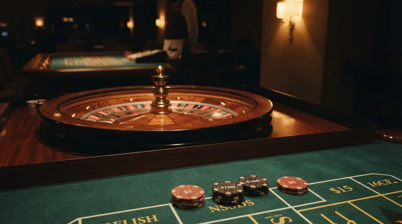 Roulettehjul og spillemærker på grønt filt i varmt aftenlys — bedste roulette casinoer