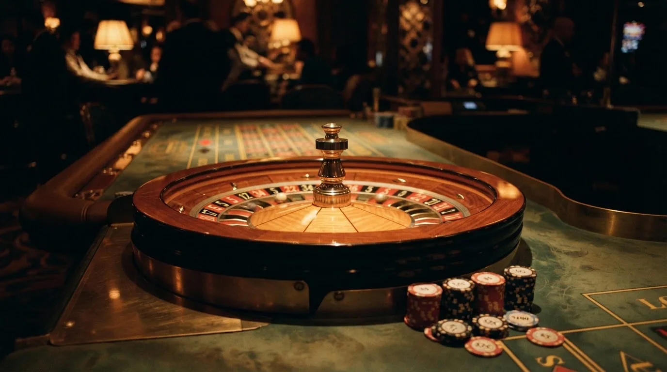 Roulettehjul og spillemærker på grønt filt i varmt aftenlys — bedste slots casinoer