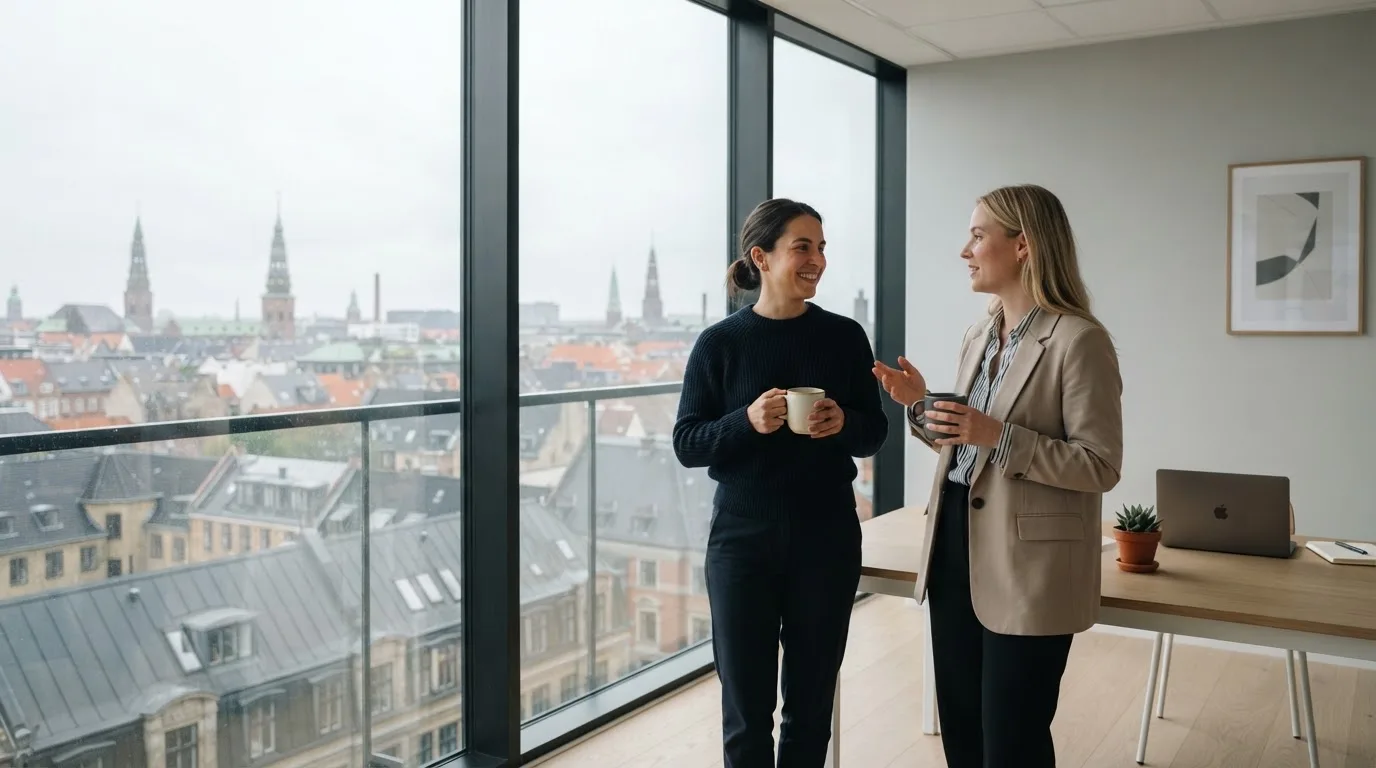 To medarbejdere står ved et stort vindue i et lyst kontor i København og taler sammen med kaffekopper i hænderne.