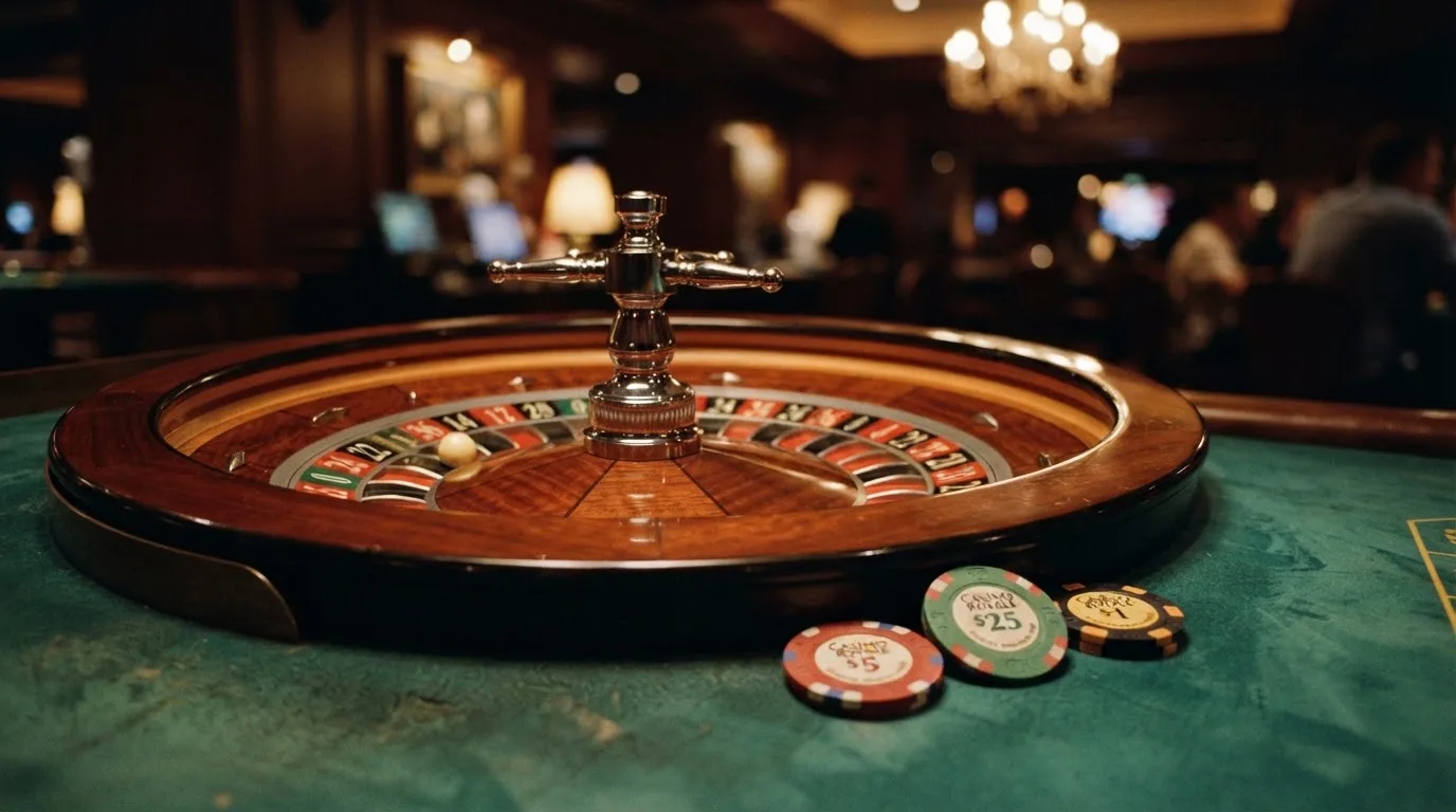 Roulettehjul og spillemærker på grønt filt i varmt aftenlys — casino bonus til eksisterende kunder