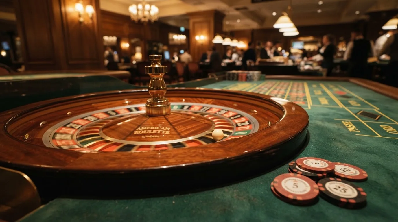 Roulettehjul og spillemærker på grønt filt i varmt aftenlys — casino bonus uden indskud dk