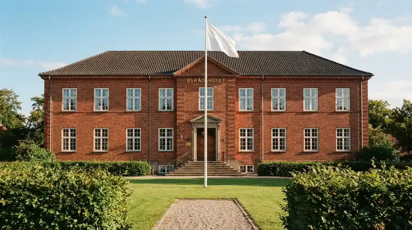 Facade af en klassisk dansk administrationsbygning i røde mursten med flagstang under blå himmel, uden personer.