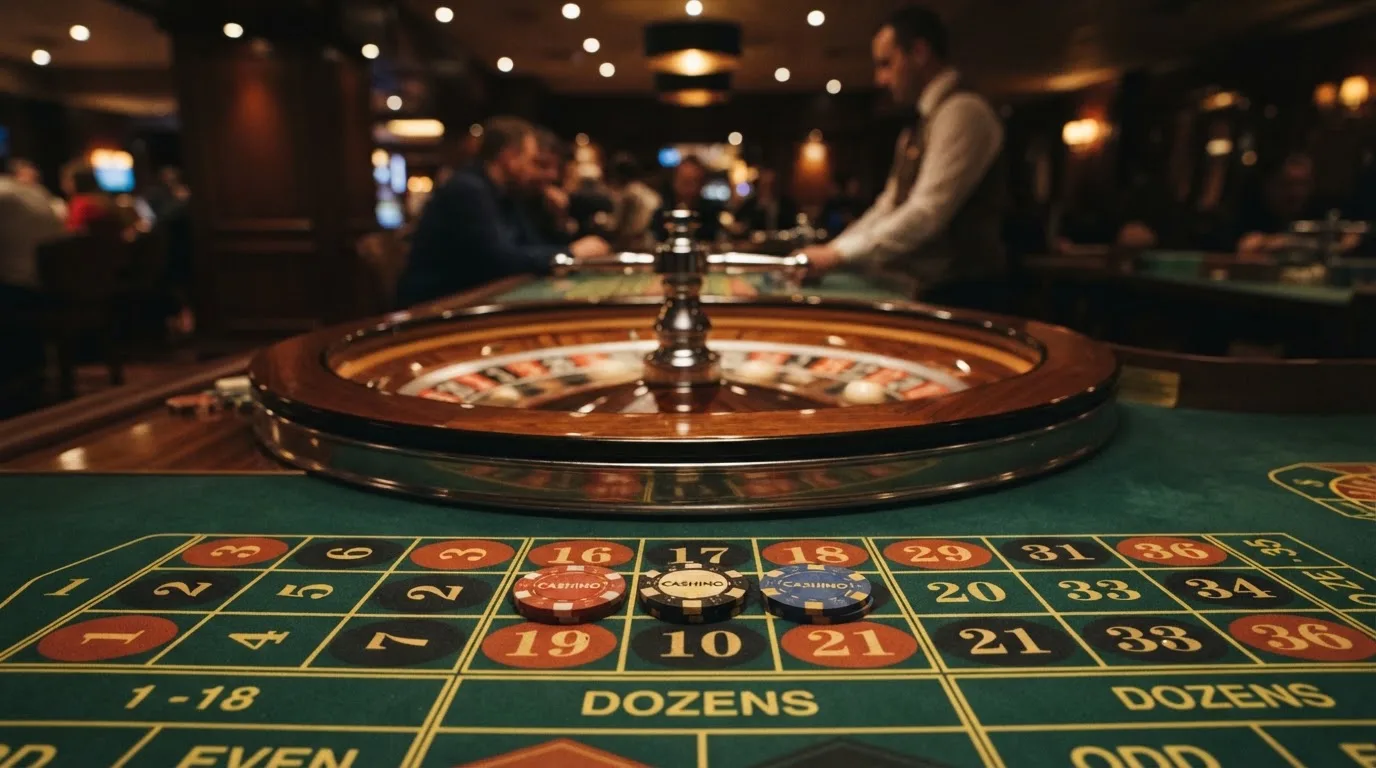 Roulettehjul og spillemærker på grønt filt i varmt aftenlys — casino med cardano i danmark