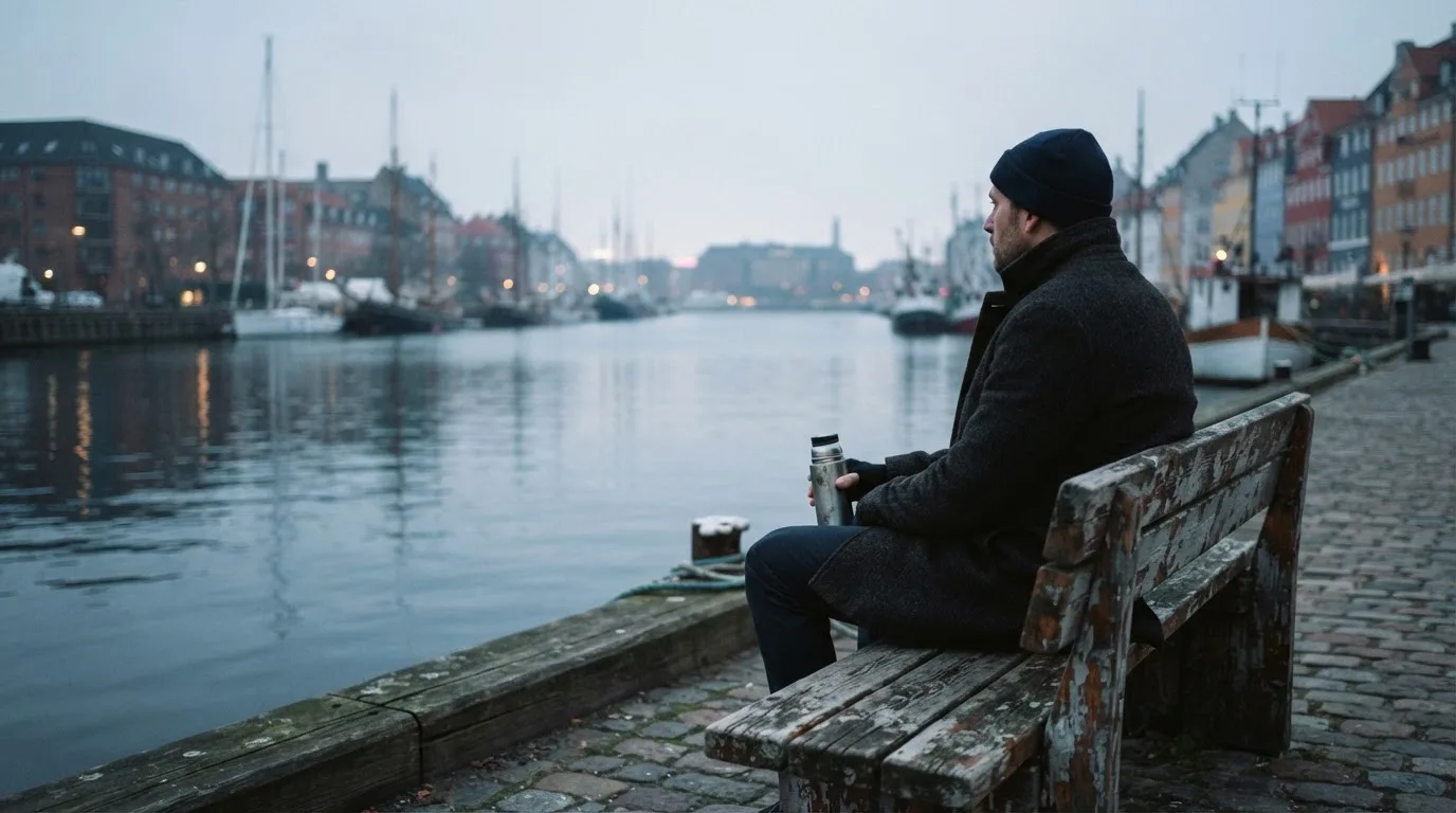 En mand sidder på en bænk ved havnen en tidlig morgen og ser ud over vandet med en termokop i hånden.
