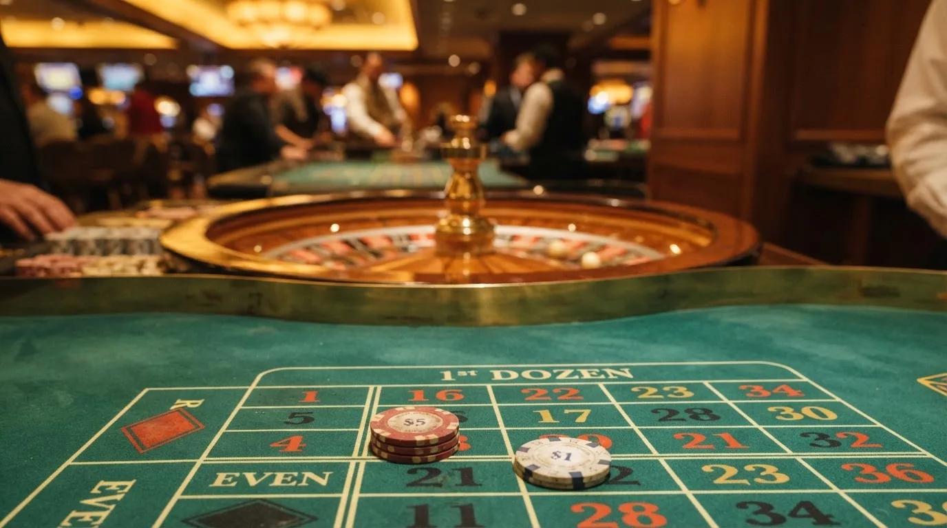 Roulettehjul og spillemærker på grønt filt i varmt aftenlys — casino med dogecoin i danmark