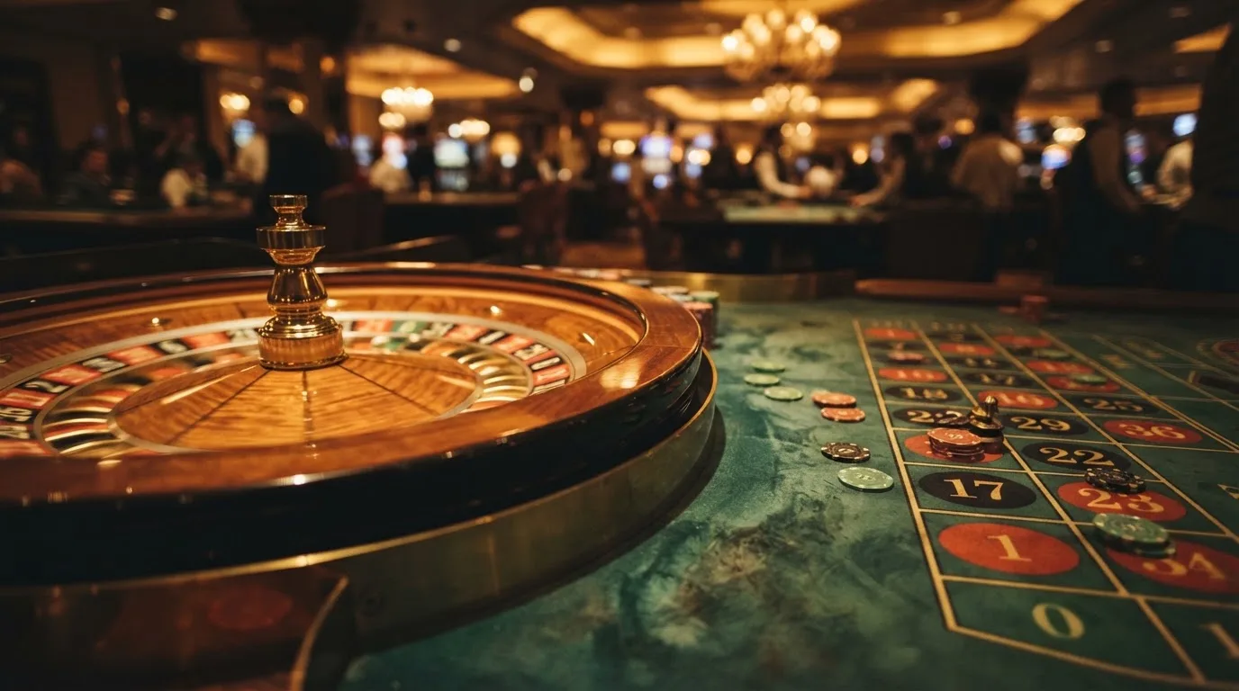 Roulettehjul og spillemærker på grønt filt i varmt aftenlys — casino med högst rtp