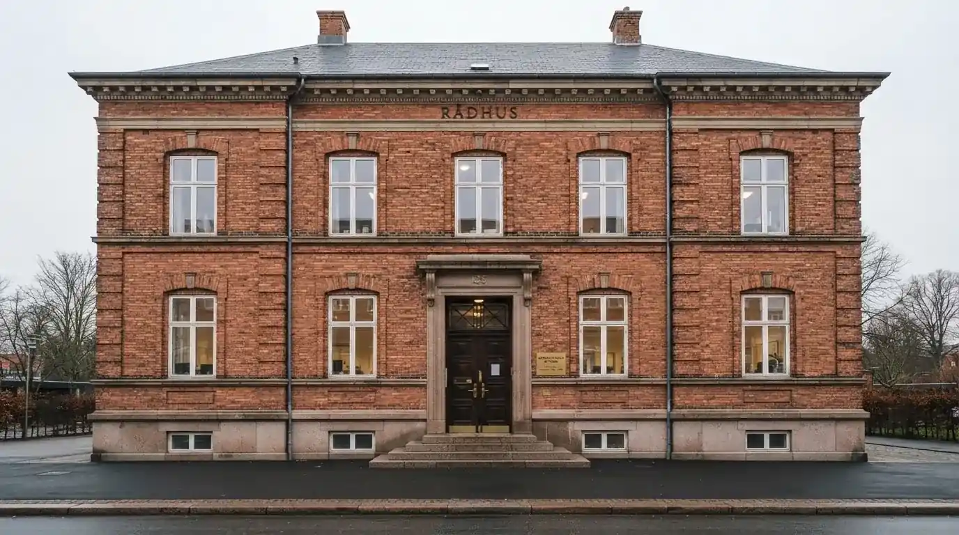 Facade af en gammel administrationsbygning i røde mursten med høje vinduer under skyet himmel, uden personer.