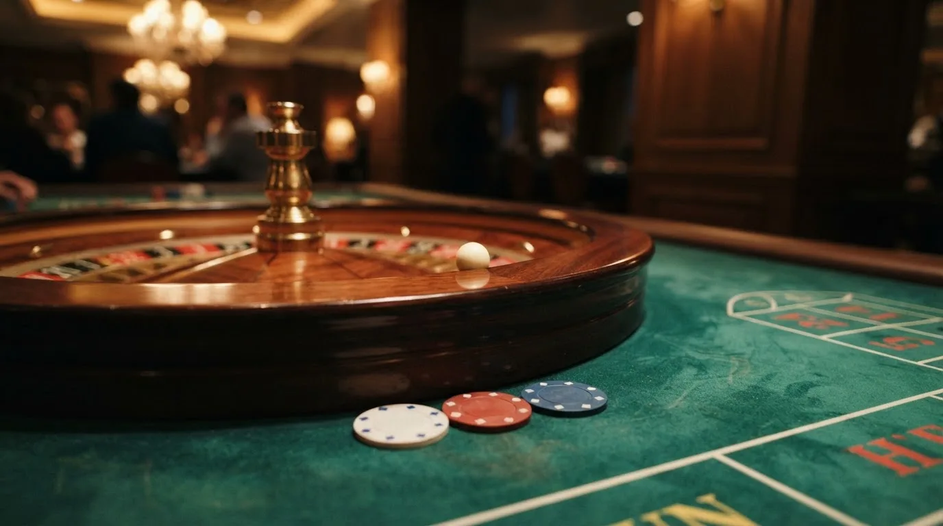 Roulettehjul og spillemærker på grønt filt i varmt aftenlys — casino på mobilen i danmark
