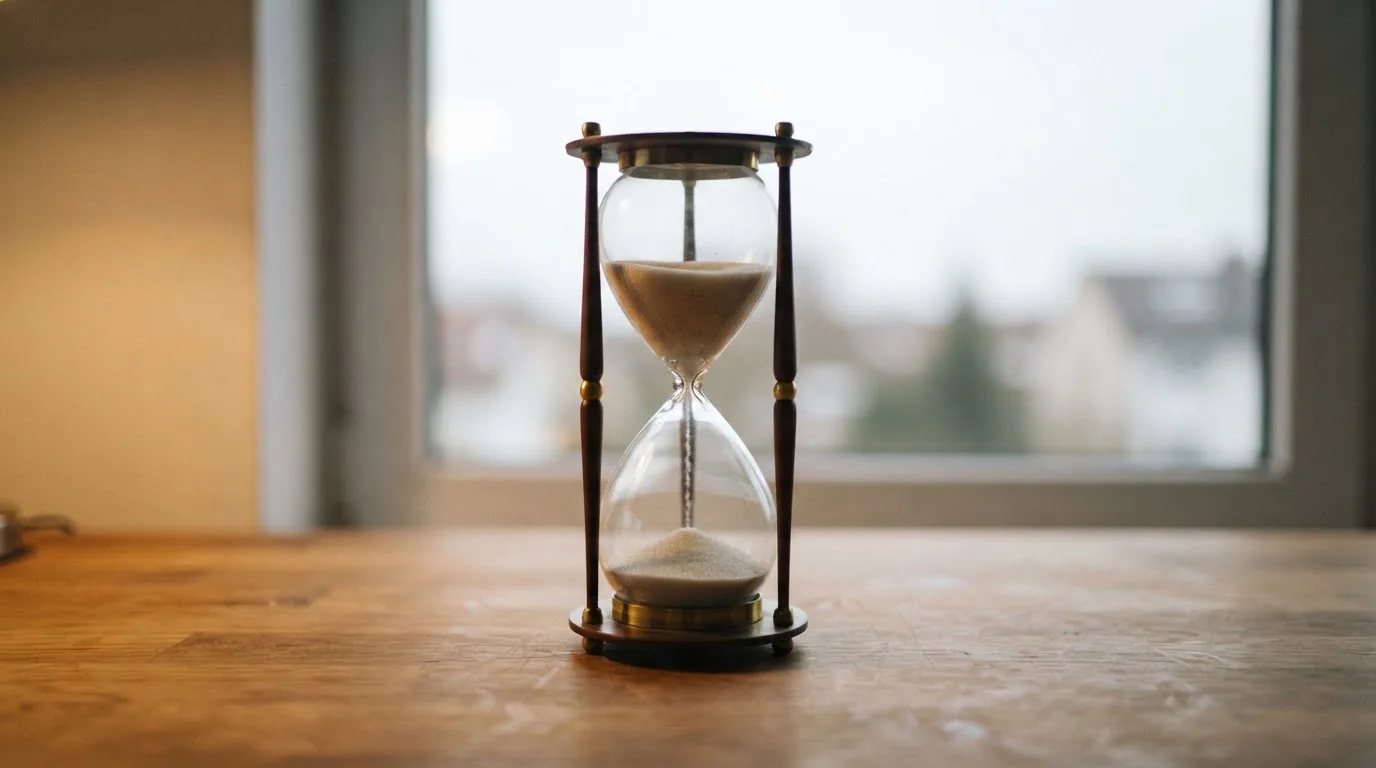 Timeglas på et skrivebord, hvor sandet er halvvejs løbet ned, med blød fokus på en vinduesrude i baggrunden.