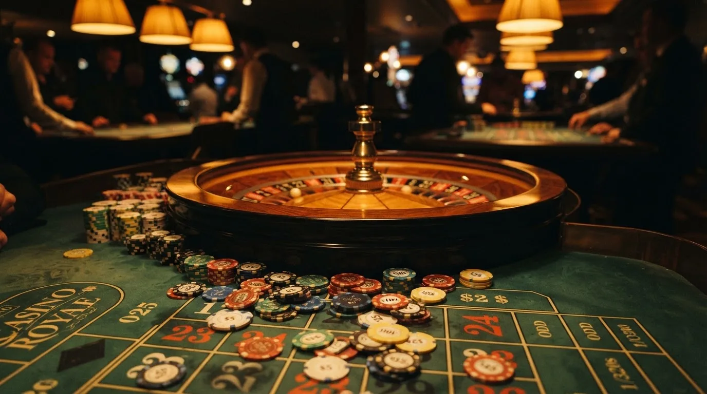 Roulettehjul og spillemærker på grønt filt i varmt aftenlys — casino uden dansk licens