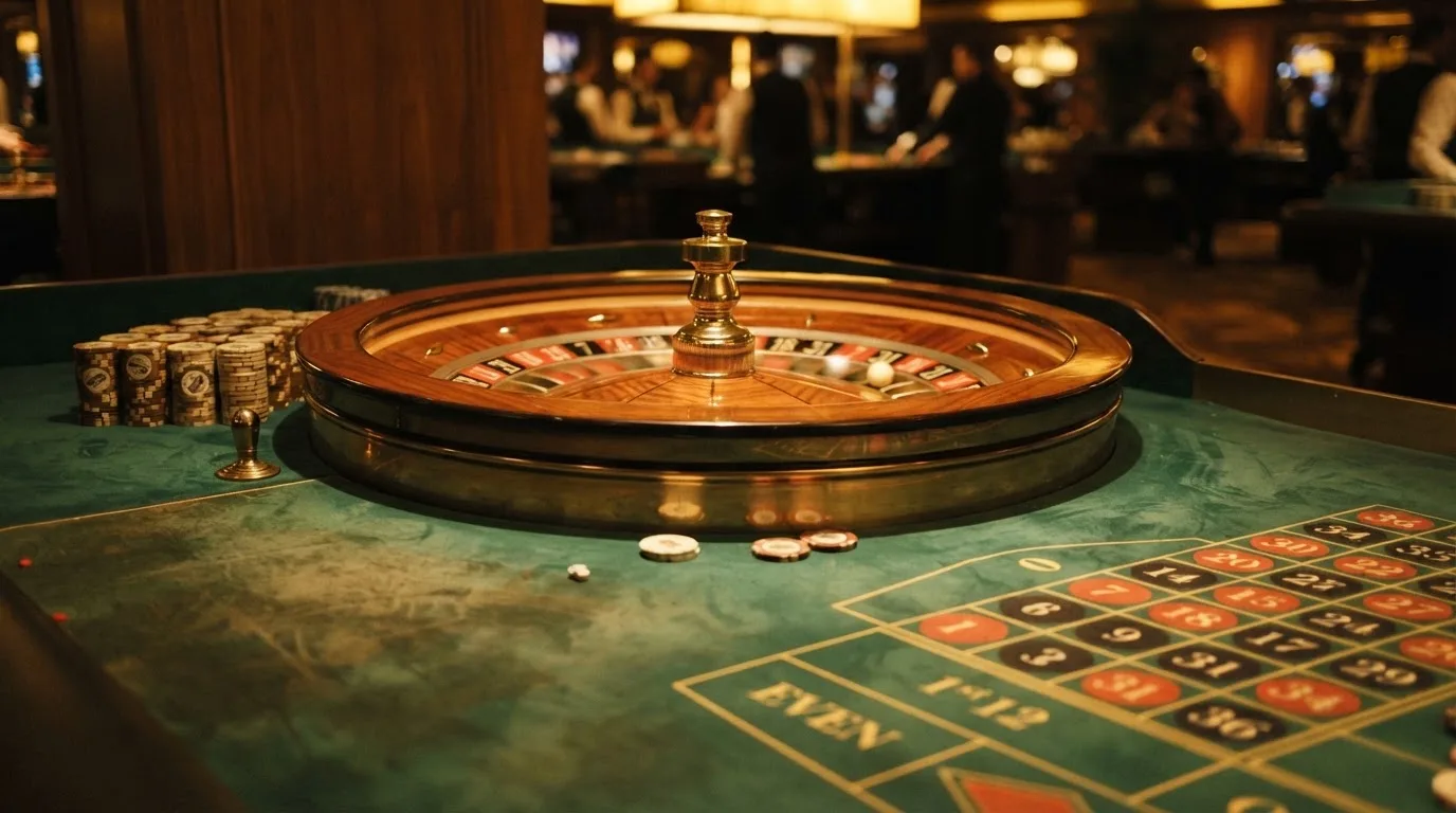 Roulettehjul og spillemærker på grønt filt i varmt aftenlys — casino uden mitid i danmark