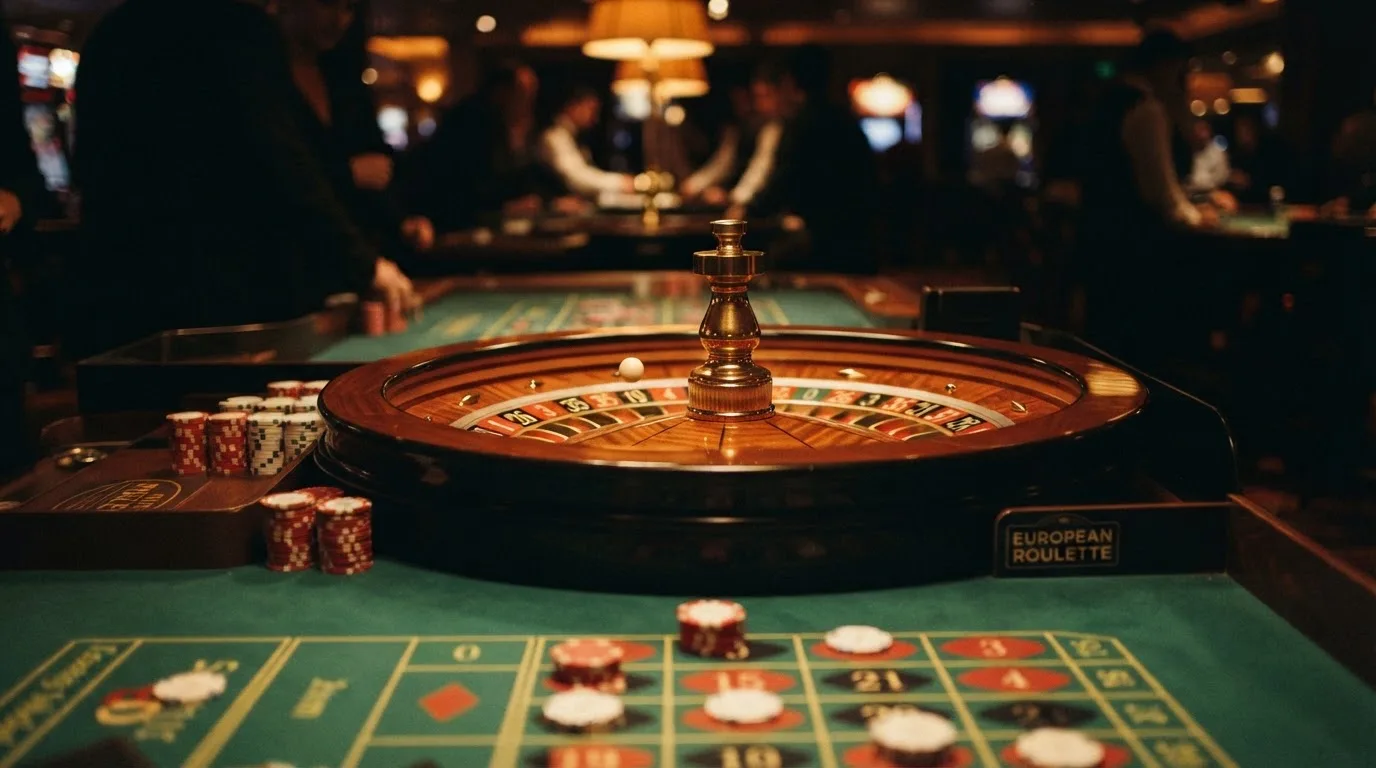 Roulettehjul og spillemærker på grønt filt i varmt aftenlys — dansk live roulette