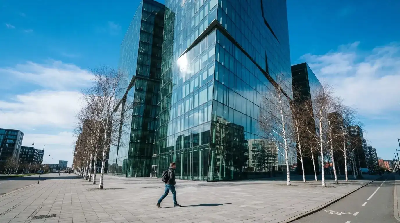 En moderne glasbygning i Ørestad en lys dag med en fodgænger i forgrunden og blå himmel bag facaden.