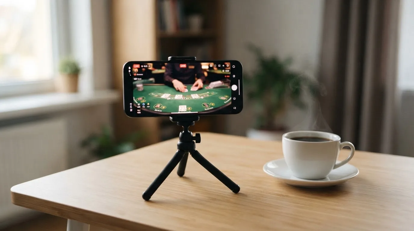 En smartphone på et stativ viser en uskarp videostream af et spillebord, mens en kaffekop står ved siden af på et skrivebord.