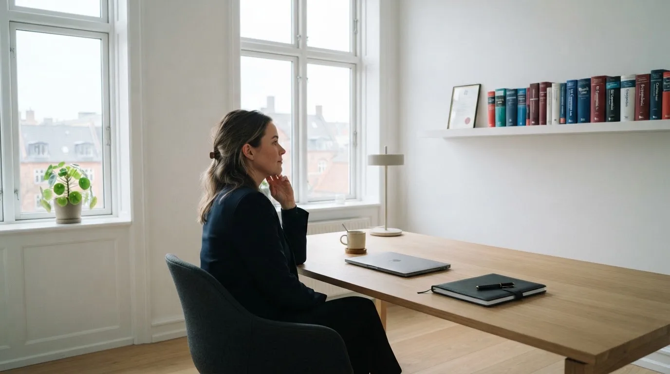Jurist sidder ved et skrivebord i et lyst københavnsk kontor med reol, kaffekop og store vinduer og kigger eftertænksomt ud.