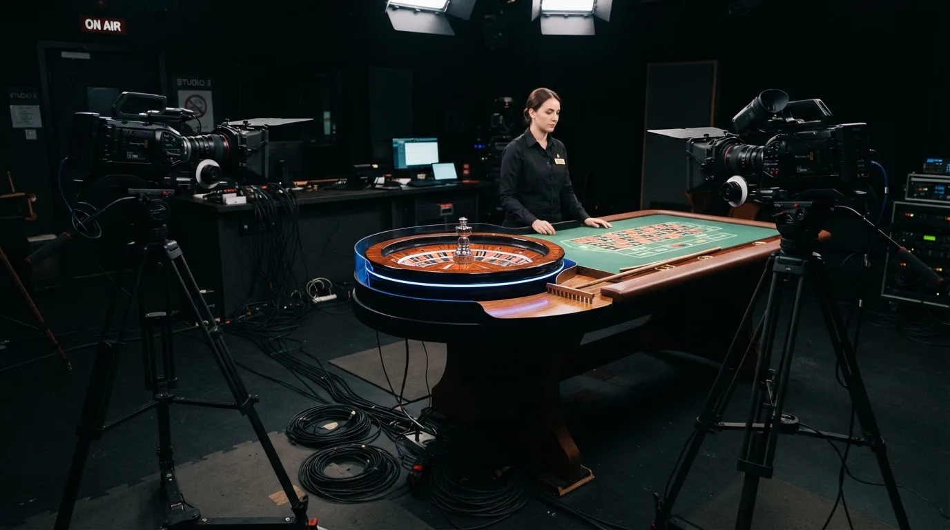Kameraer på stativer og et roulettehjul midt i et mørkt livecasino-studie med en dealer i uniform, set fra siden i blåligt lys.