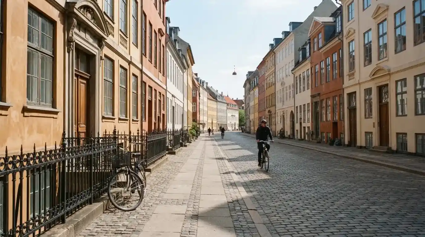 Københavnsk gade med klassiske sandstensbygninger og cyklister i klart vejr, set fra fortovet.