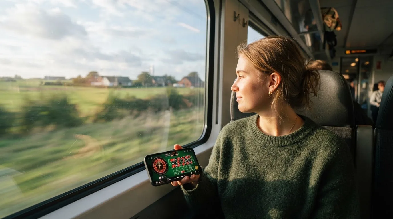 Kvinde på toget ser ud ad vinduet med mobilen i hånden, mens landskabet suser forbi i eftermiddagslys.